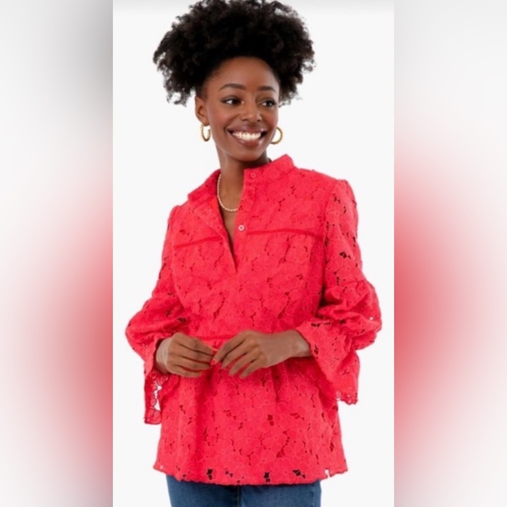 TUCKERNUCK Helena Eyelet Lace Quarter Sleeve Button Up Blouse Shirt - Picture 5 of 7